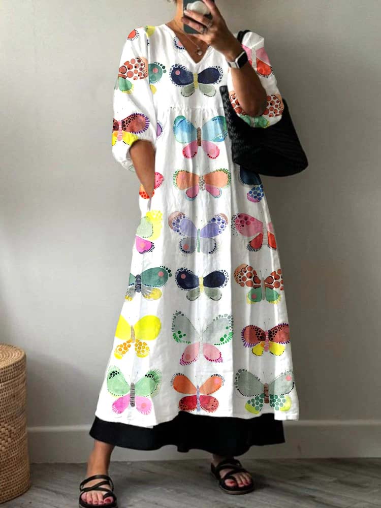 Women's Butterfly Flower Floral Pattern Cotton Dress