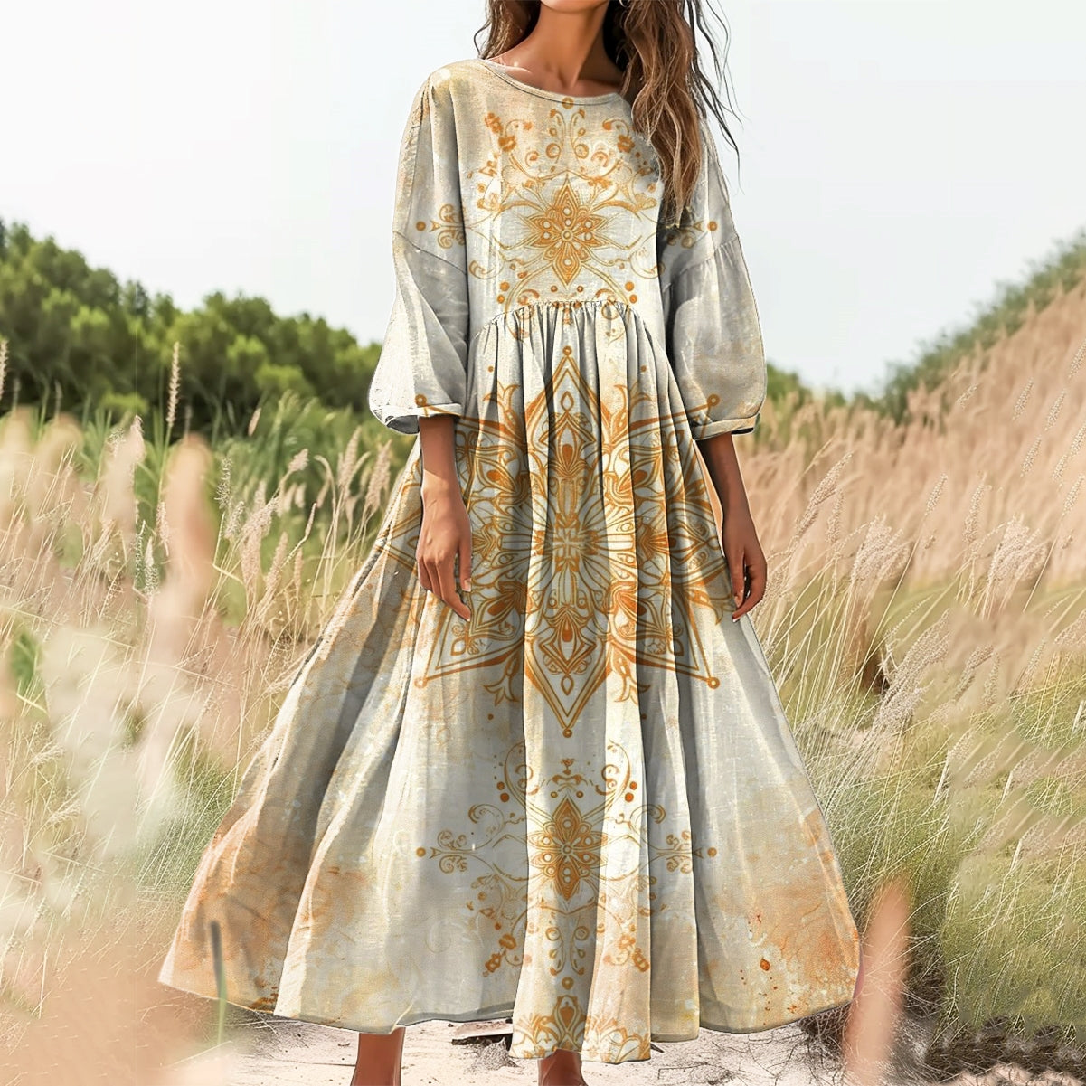 Women's Mandala Embellished Pattern Art Print Cotton Crew Neck Dress