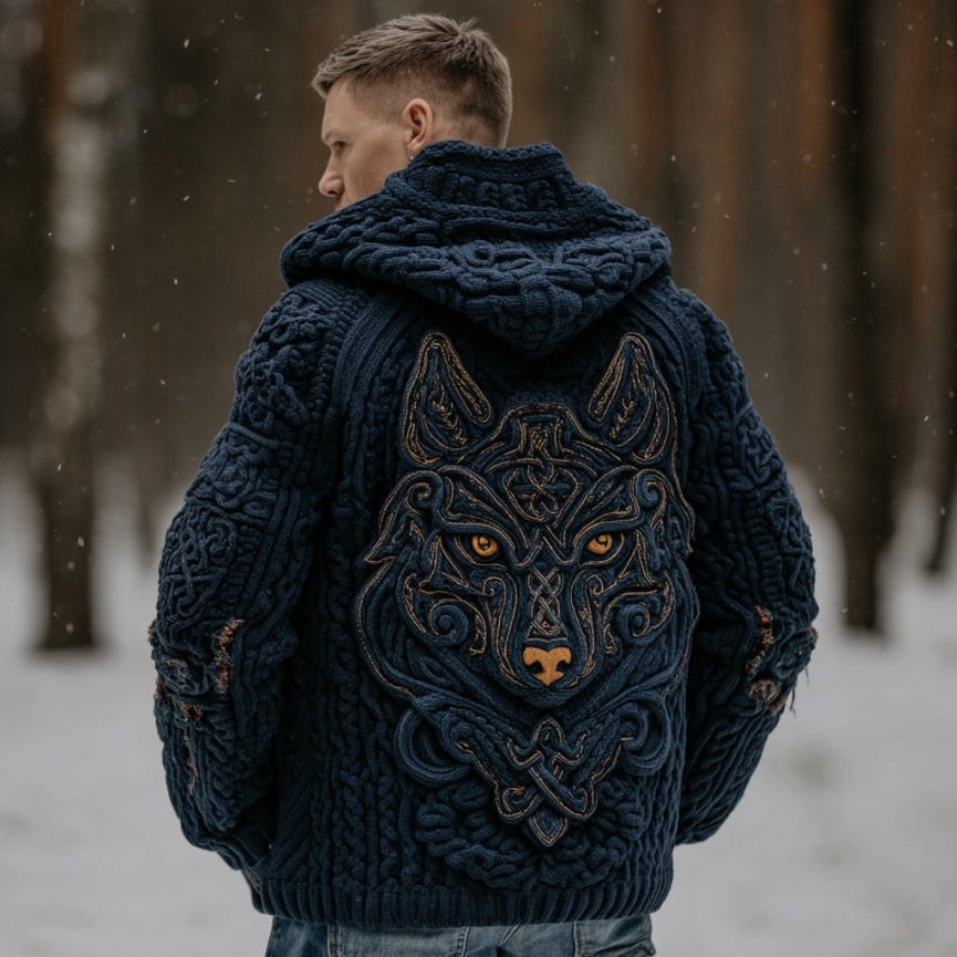 Men's Viking Wolf Style Celtic Thick Zip-up Hooded Sweater artswardrobe