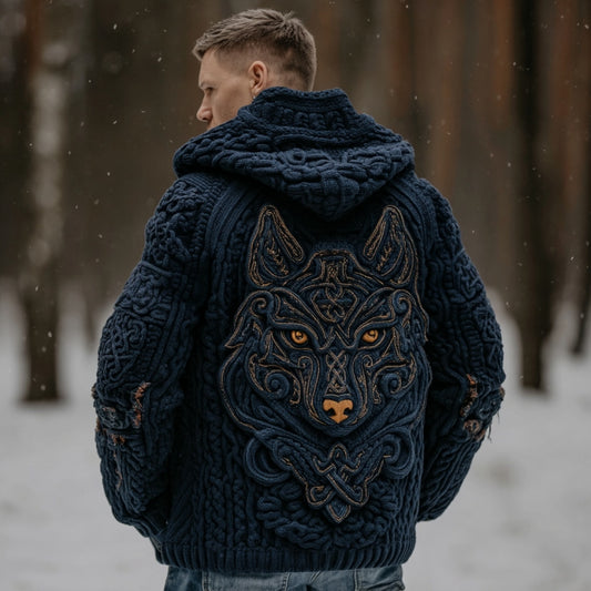 Men's Viking Wolf Style Celtic Thick Zip-up Hooded Sweater artswardrobe