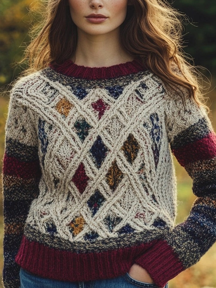 Vintage Rhombus Jacquard Crew Neck Cozy Sweater artswardrobe