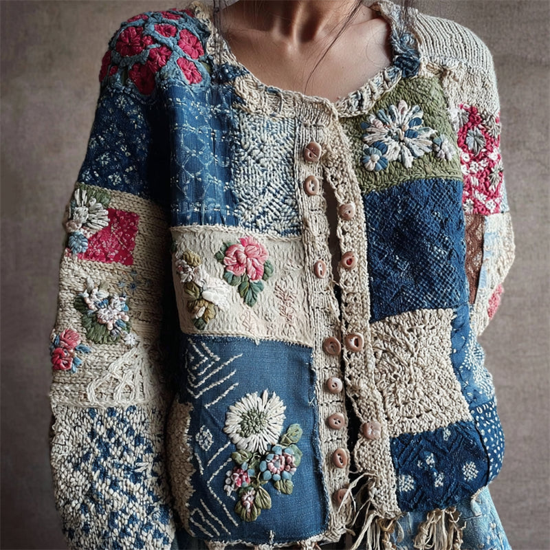 Vintage Floral Japanese Sashiko Art Patchwork Cozy Knit Cardigan elevenforest
