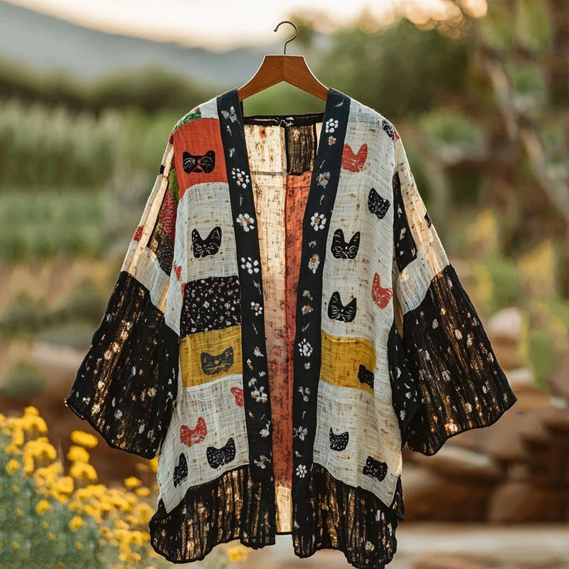 Summer Farm Cat Natural Patchwork Linen Kimono artswardrobe