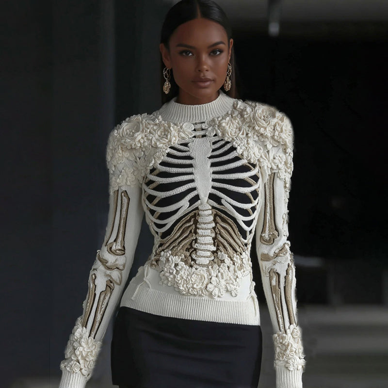 Women's Skull Rib Pattern Cozy Knit Pullover Sweater artswardrobe