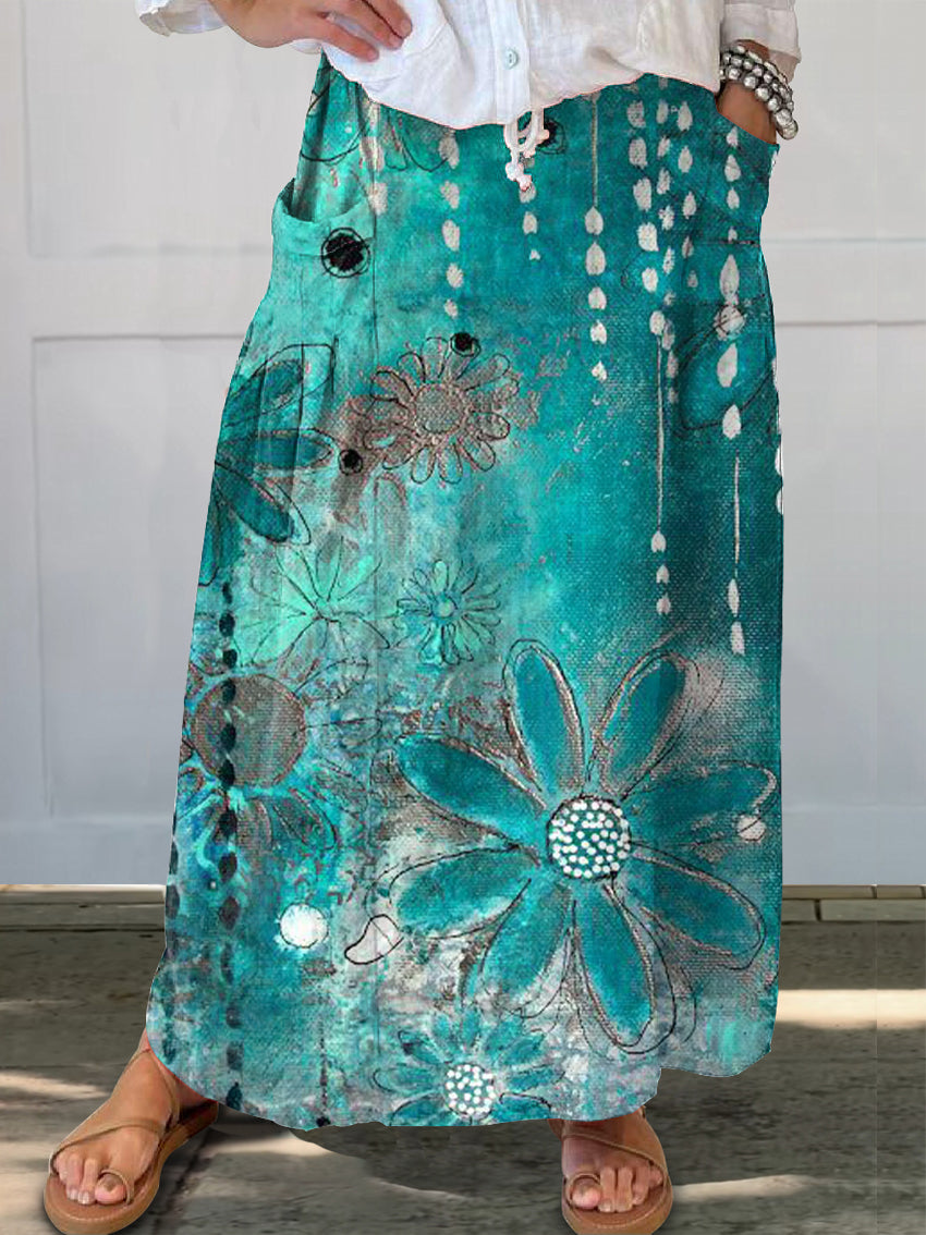 Women's Vintage Floral Art Print Linen Pocket Skirt