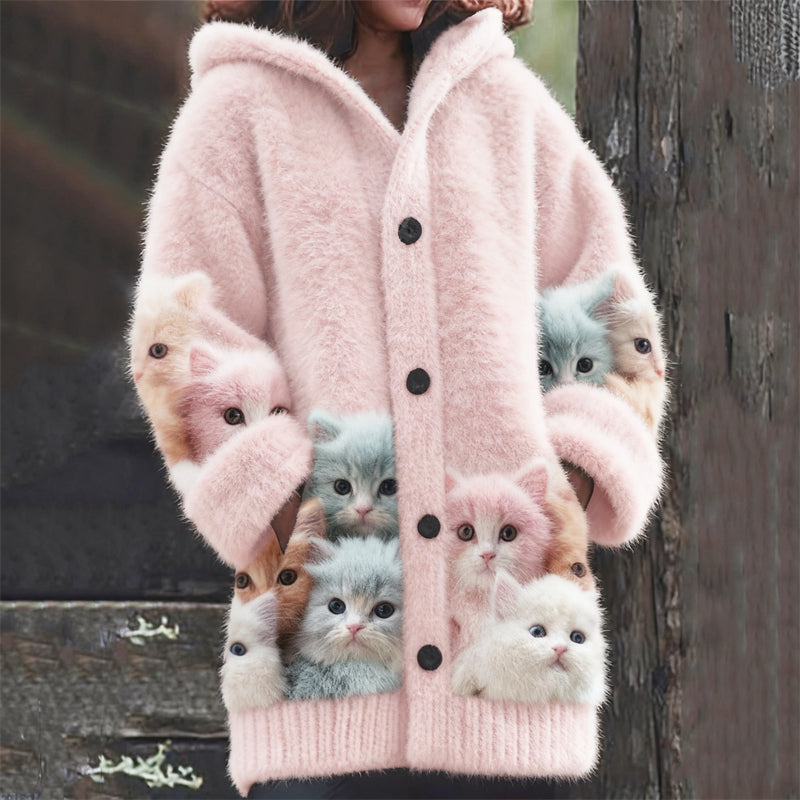 Comstylish Lovely Colorful Fuzzy Cats Cozy Hooded Cardigan