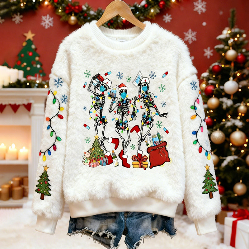 Comstylish Fun Skull Christmas Pattern Warm Crew Neck Sweater