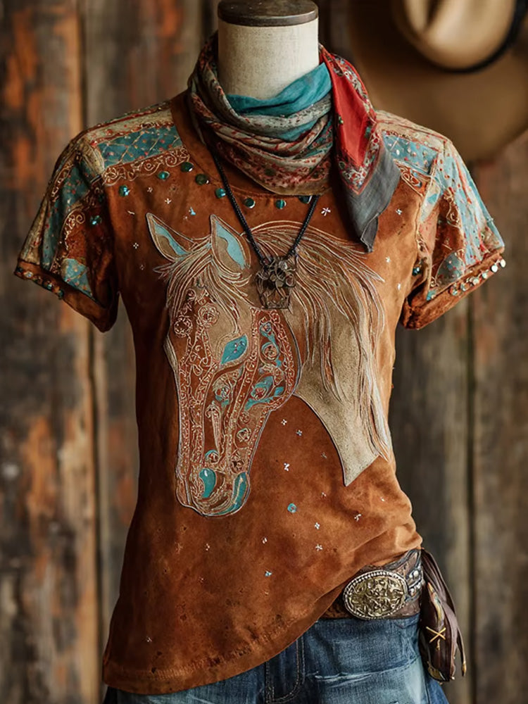 Women's Casual Vintage Western Horse Design Printed Crew Neck T-shirt artswardrobe