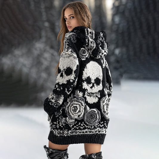 Women's Viking-style Rose And Skull Long-sleeved Hooded Sweater elevenforest