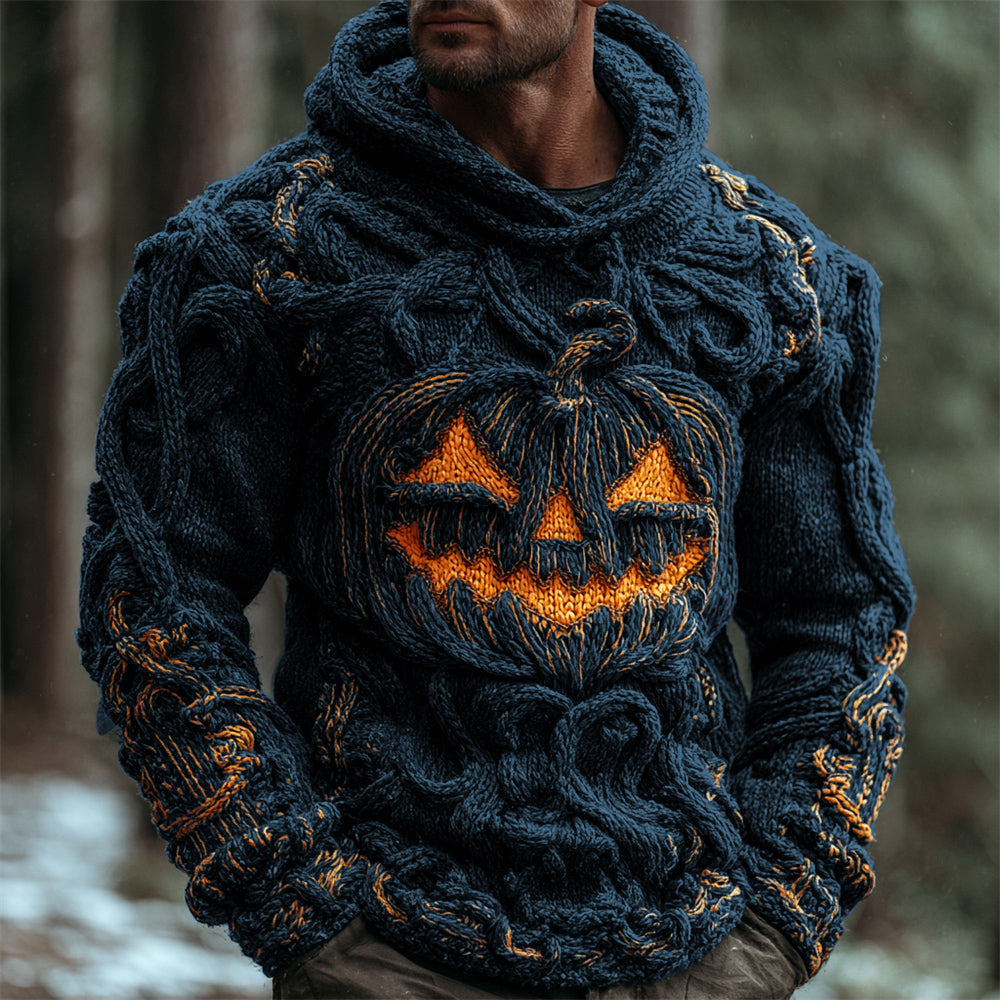 Halloween Pumpkin Emoji Men's Chunky Knit Hooded Sweater artswardrobe