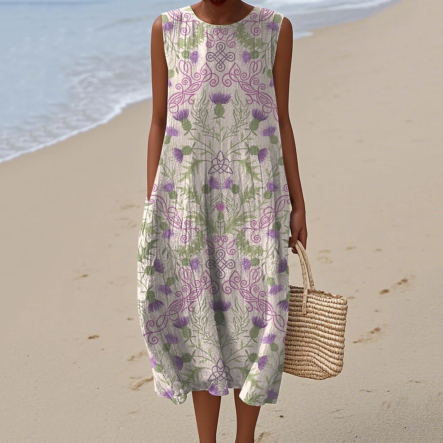 Women's Vintage Scottish Thistle Print Linen Sleeveless Dress artswardrobe