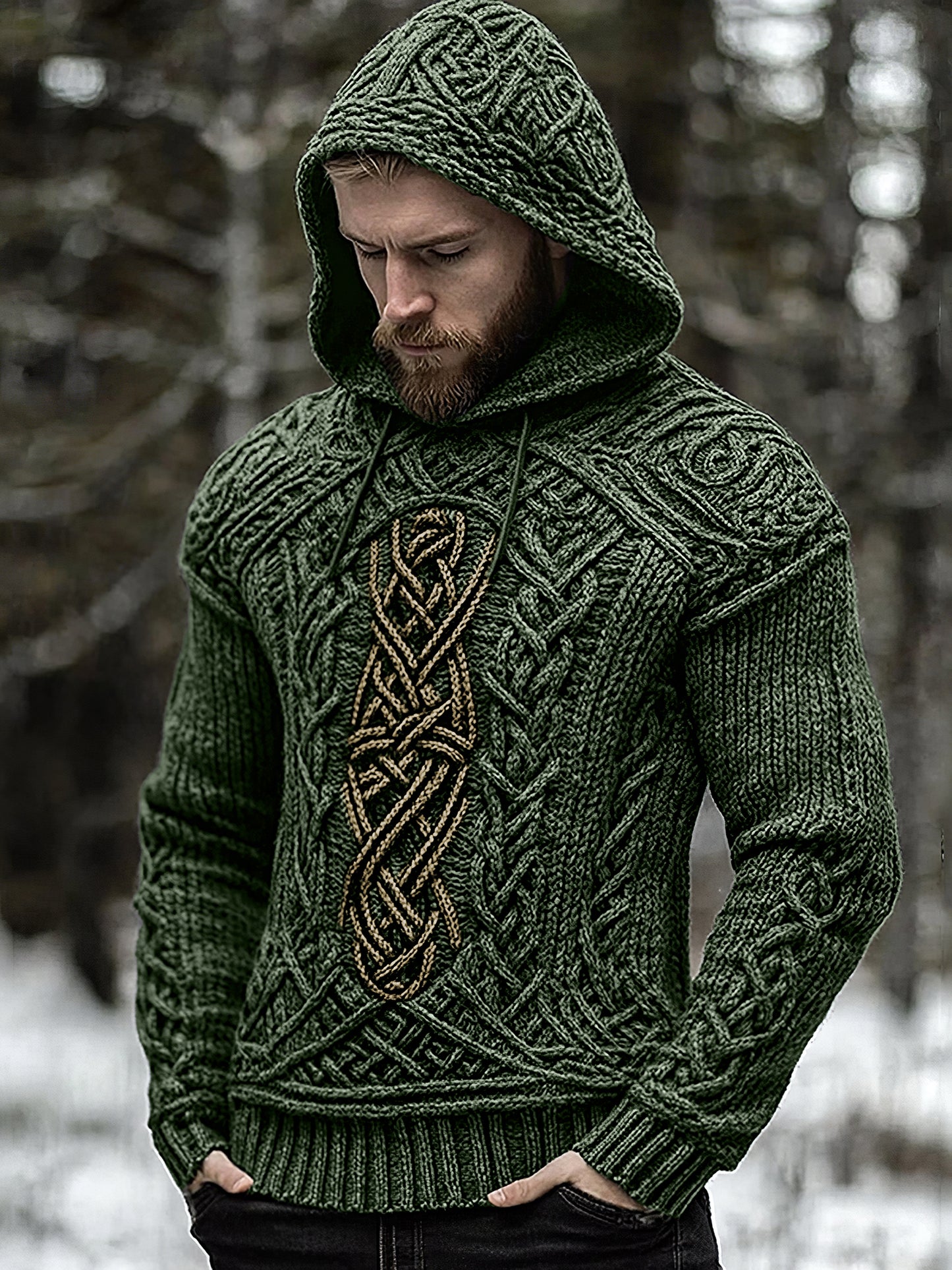 Men's Viking Jacquard Celtic Inspired Cozy Knit Hooded Sweater elevenforest