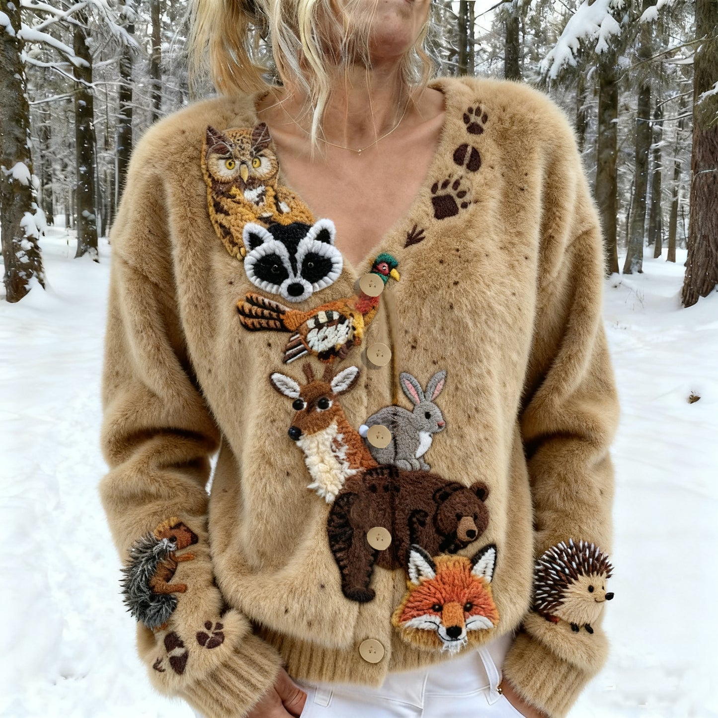 Vintage Protect Forest Cute Animal-inspired Cozy Knit V-neck Cardigan artswardrobe