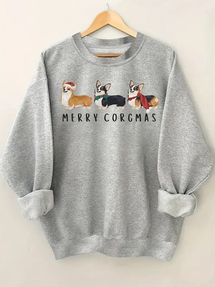 Comstylish Christmas Corgi Print Casual Round Neck Sweatshirt