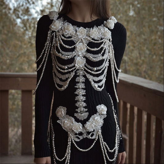 Comstylish White Roses Skeleton Pearls & Lace Art Sweater Dress