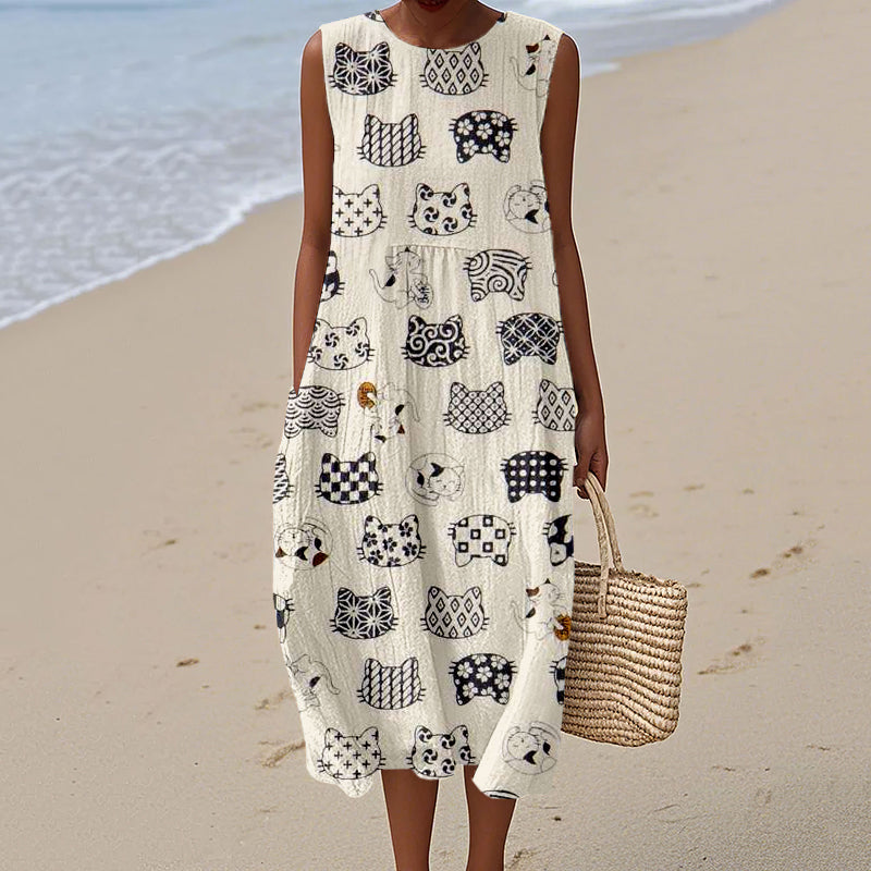 Cute Cat Heads Pattern Linen Tank Dress artswardrobe