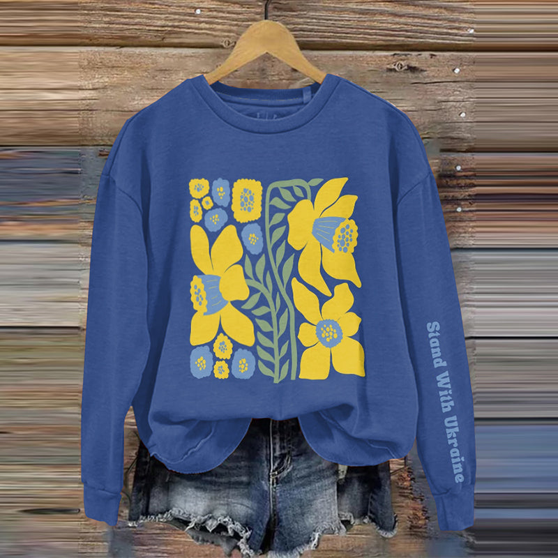 Comstylish Women's Stand With Ukraine Flowers Print Crew Neck Sweatshirt