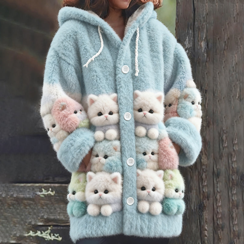 Comstylish Cute Colorful Cat Art Plush Hooded Cardigan