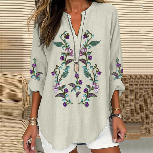 Scottish Thistle Embroidered Linen Blend Blouses artswardrobe