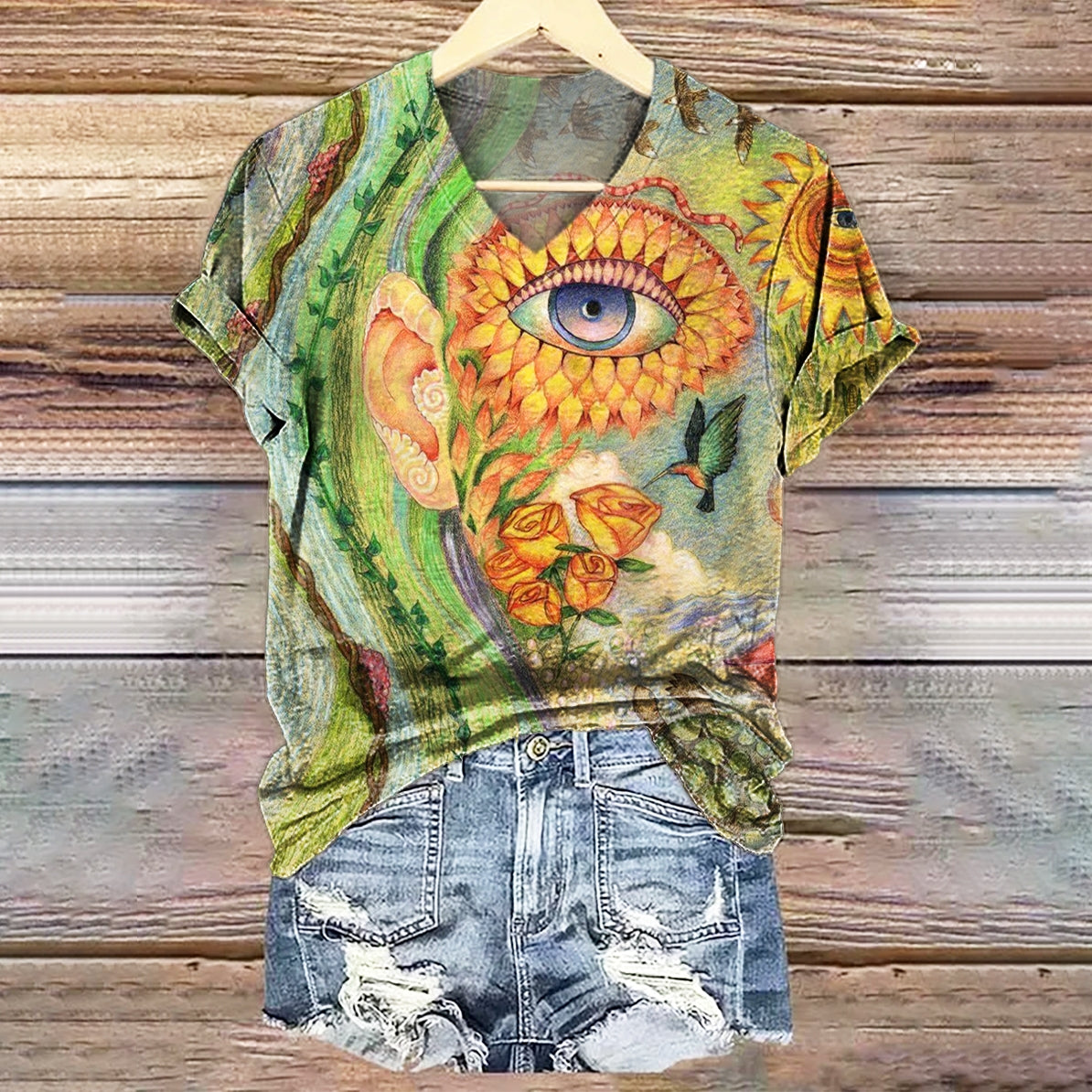 Women's Hippie Face Art Print V-neck Casual T-Shirt