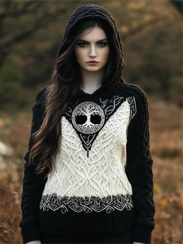 Viking Tree Of Life Contrast Color Cozy Hooded Sweater artswardrobe