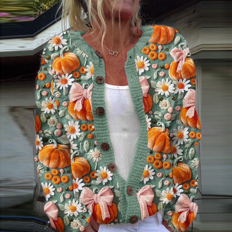 Vintage Embroidered Pumpkin Art Cozy Casual Sweater artswardrobe