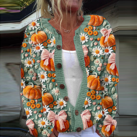 Vintage Embroidered Pumpkin Art Cozy Casual Sweater elevenforest