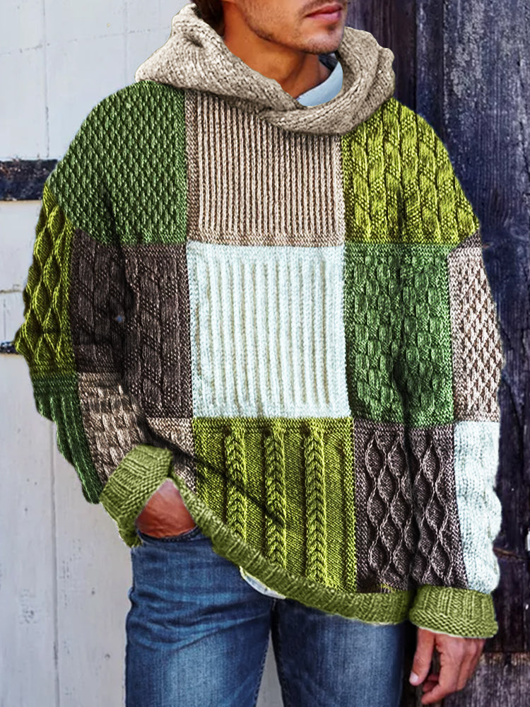 Men's Irish St. Patrick Inspired Retro Patchwork Chunky Hooded Sweater elevenforest
