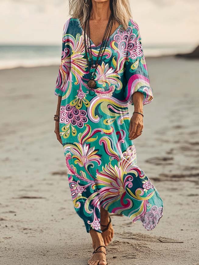 Women's Floral Print Art Print Pocket Cotton Dress