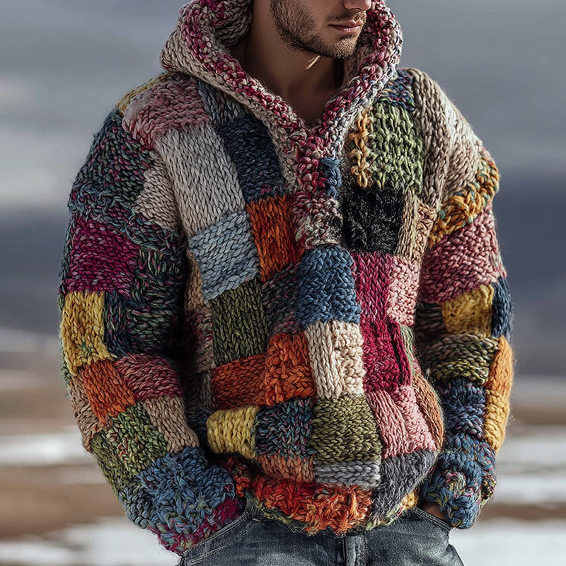 Men's Retro Geometric Color Block Knitted Warm Hooded Sweater elevenforest