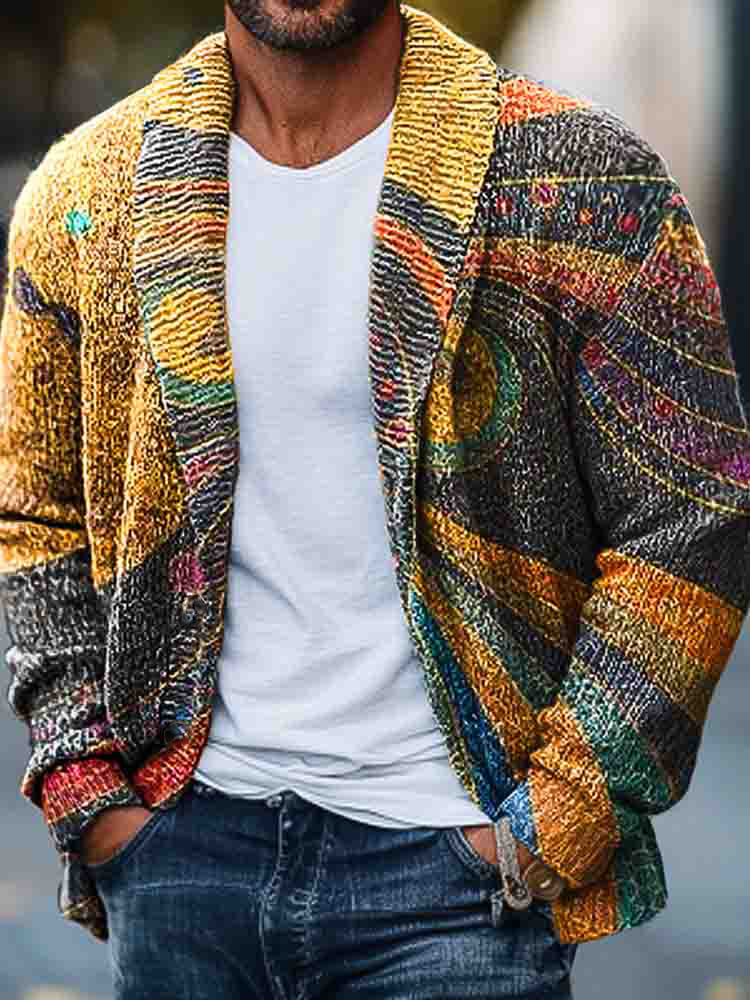 Men'S Retro Irregular Abstract Geometric Print Knitted Sweater elevenforest