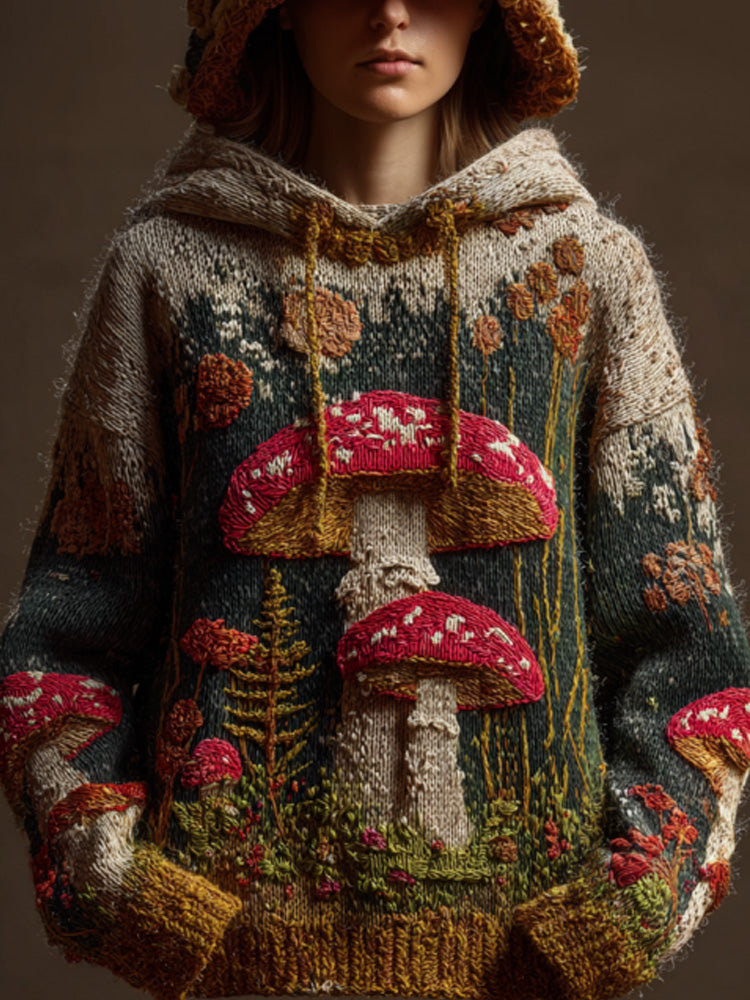 Women's Retro Mushroom Print Hoodie Sweater artswardrobe