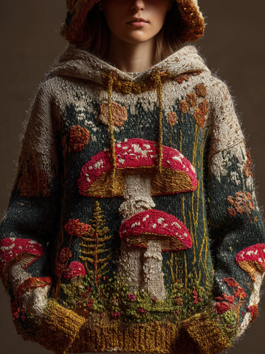 Women's Retro Mushroom Print Hoodie Sweater artswardrobe