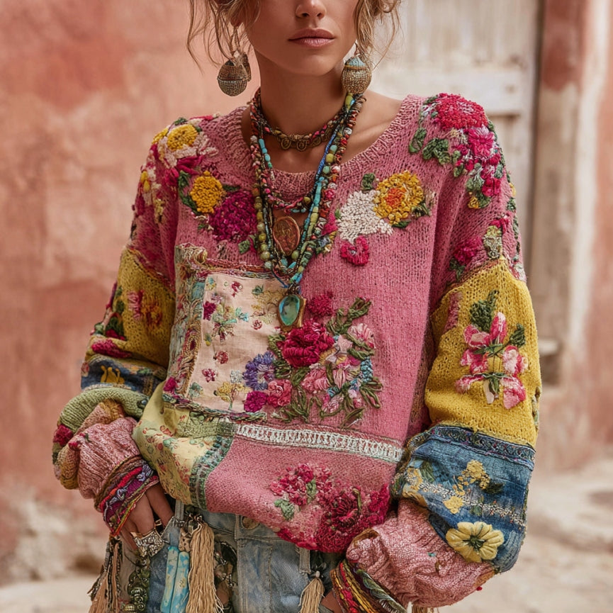 Women's Vintage Floral Embroidery Patchwork Art Pullover Cozy Knit Sweater elevenforest