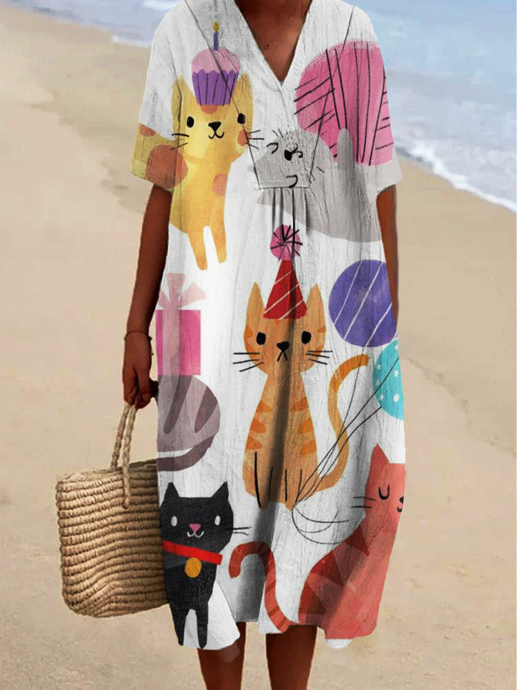 Cartoon Cute Kitten Printed Women's Casual Cotton And Linen