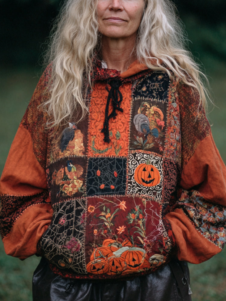 Women's Vintage Patchwork Halloween Pattern Orange Hoodie artswardrobe