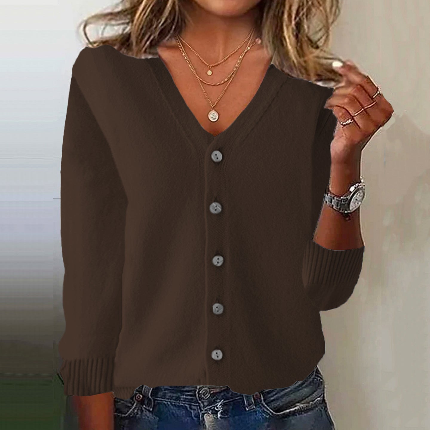 Women's Pink V Neck Button Down Cozy Sweater artswardrobe