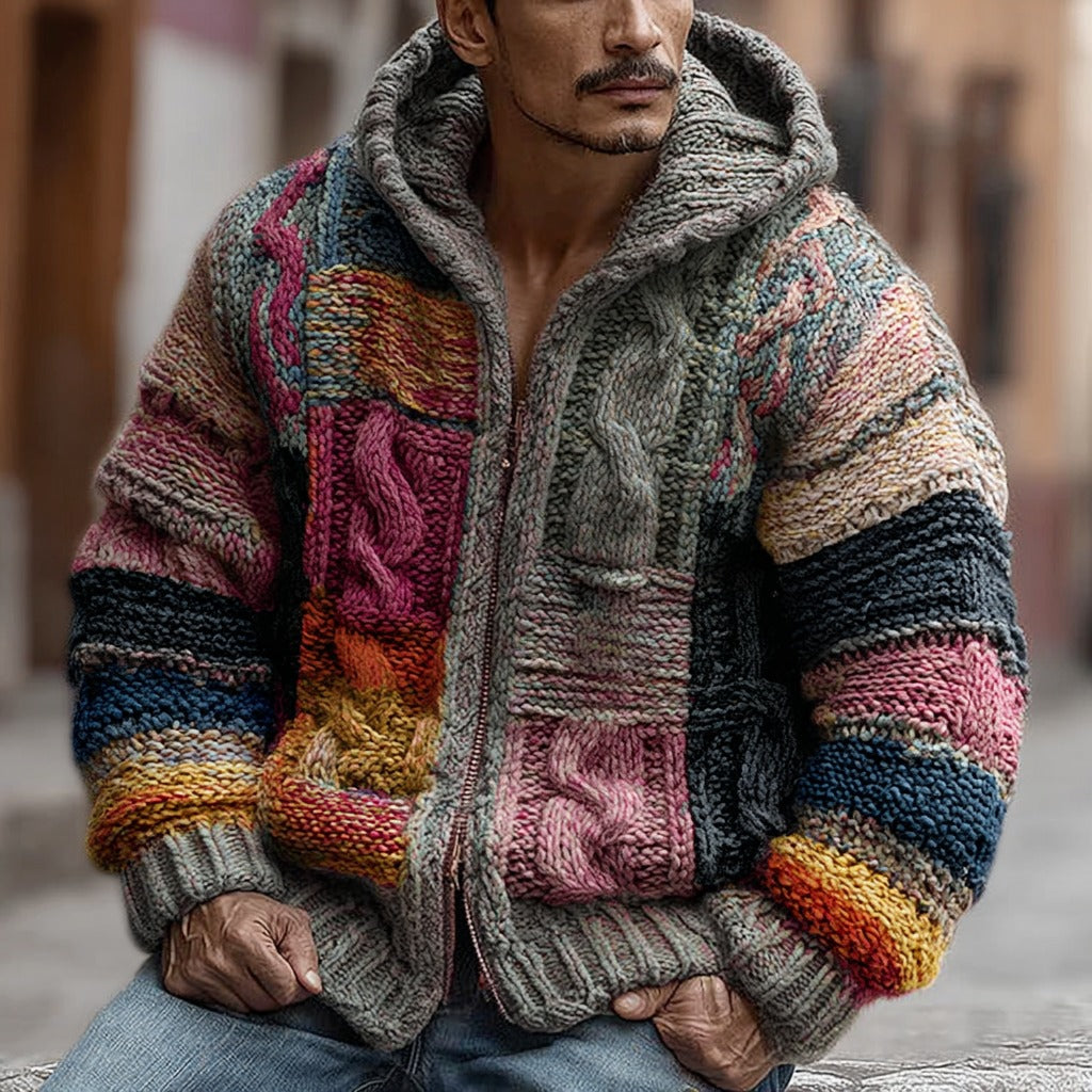 Men's Retro Geometric Knit Jacquard Warm Zip Hooded Sweater elevenforest