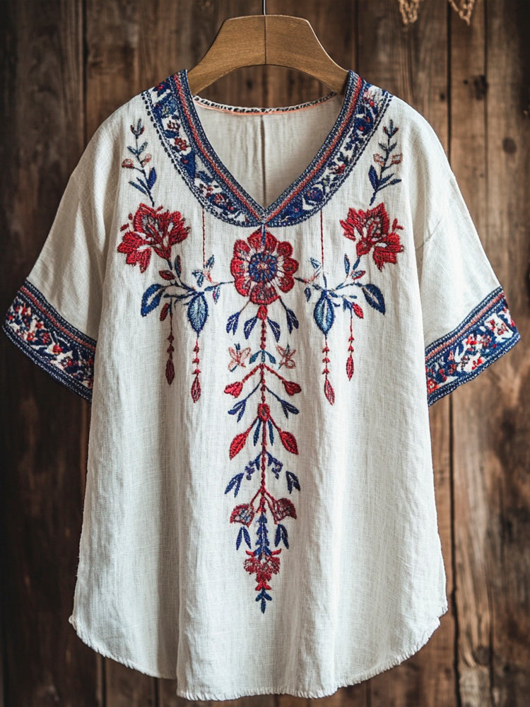 Vintage Floral Embroidery Women's Linen V-neck Shirt artswardrobe