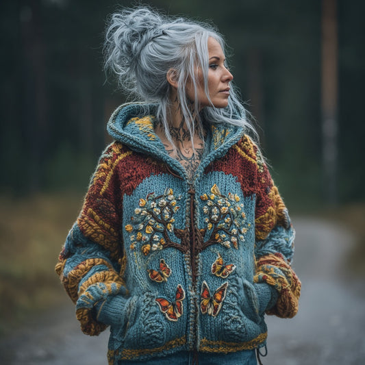 Women's Vintage Colorful Viking Tree Of Life Chunky Knit Zip-up Hooded Sweater artswardrobe