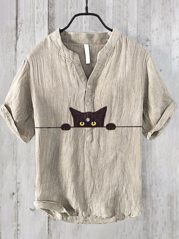 Japanese Art Black Cat Print Cotton Blend Shirt elevenforest