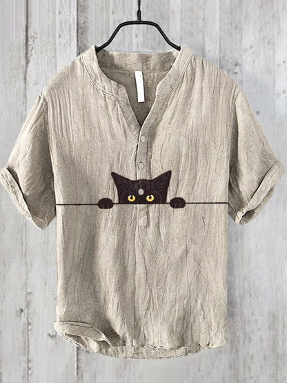 Japanese Art Black Cat Print Cotton Blend Shirt elevenforest