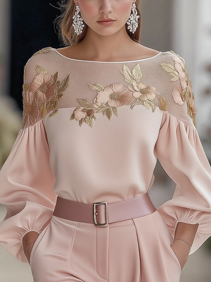 Women's Fashion Shirt with Mesh Embroidered long sleeve Top