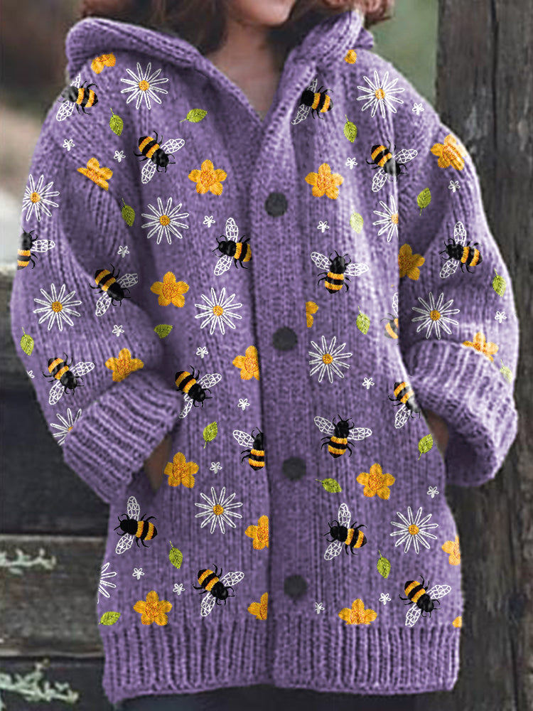 Bee Floral Embroidery Pattern Cozy Knit Hooded Cardigan artswardrobe
