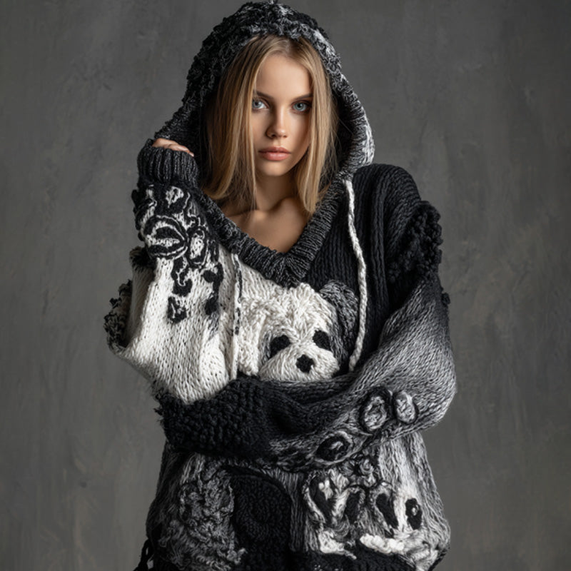 Comstylish Women's Vintage Dog Embroidered Hooded Sweater