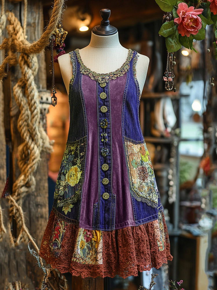 Vintage Denim Patchwork Lace Art Sleeveless Dress artswardrobe