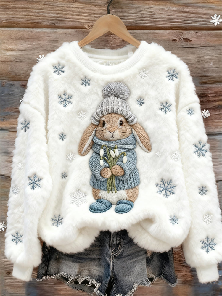 Winter Bunny & Snowflakes Embroidered Cozy Plush Sweatshirt artswardrobe
