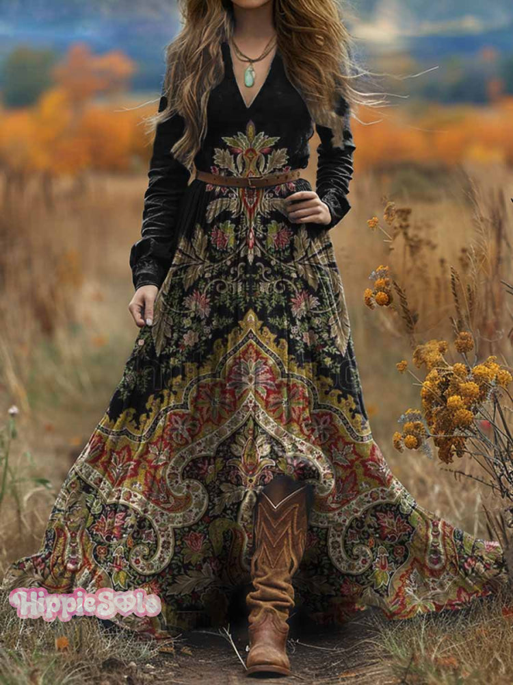 Women's Bohemian Ethnic Art Print V-Neck Long Sleeve Maxi Dress