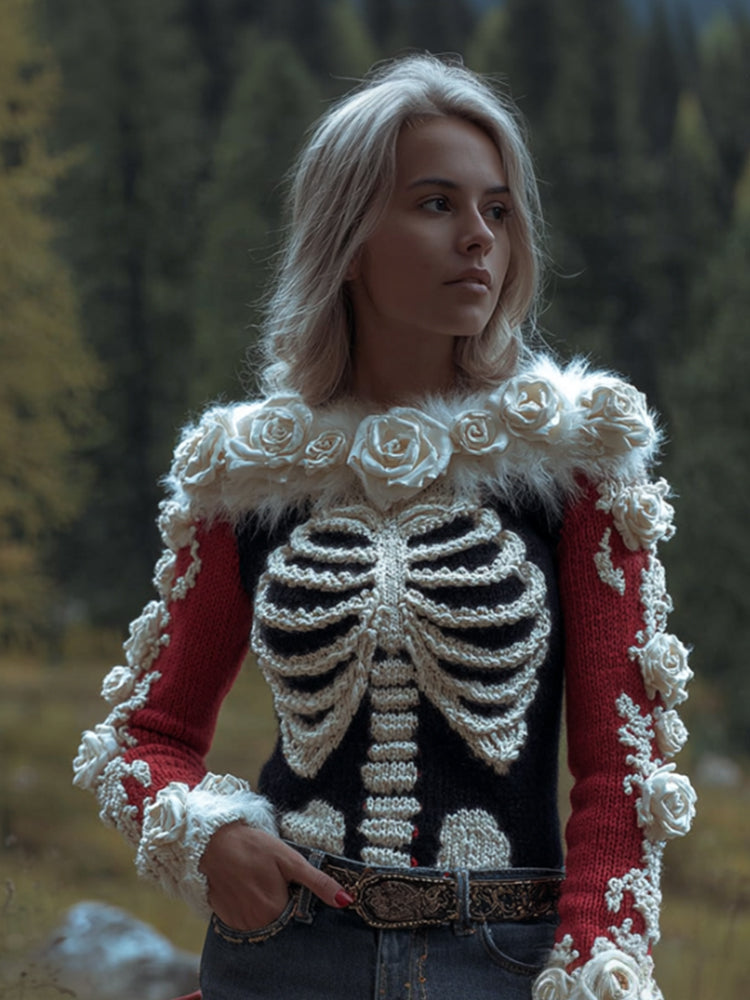 Women's Halloween Skeleton Wrapped Rose Red Black Color Round Neck Warm Sweater artswardrobe
