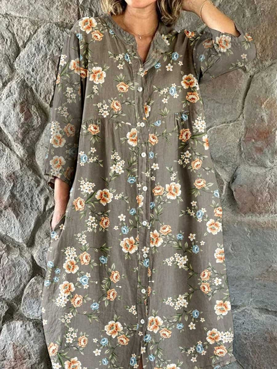 Women's Elegant Simple Rose Floral Stripe Pattern Cotton and Linen Shi